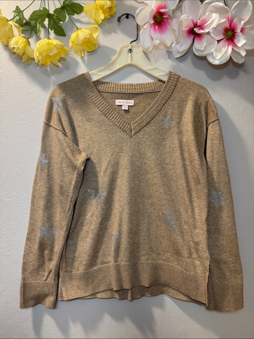 Knox Rose Tan V-Neck Sweater with Silver Star Accents